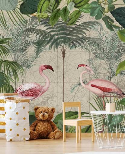 2 pink flamingos in jungle wallpaper