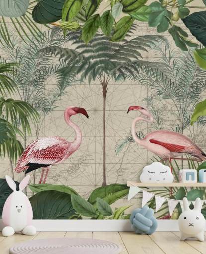 2 rosa Flamingos im Dschungel Tapete