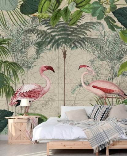 2 rosa flamingos i djungeln tapeter