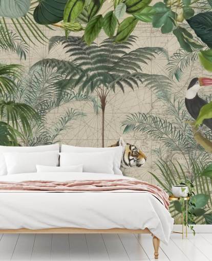 papel tapiz de selva de tigre y tucán