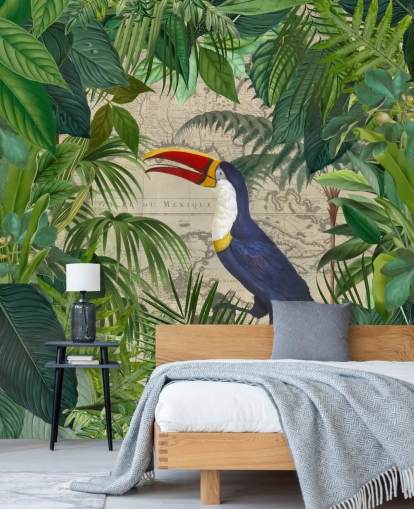 papier peint toucan encadré de feuilles tropicales papier peint toucan encadré de feuilles tropicales