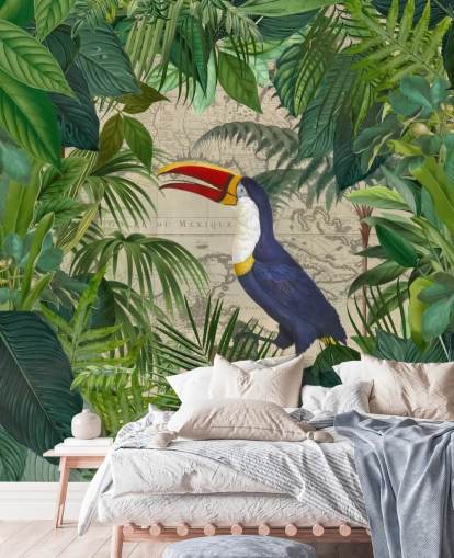 Toucan inramade med tropiska blad tapeter