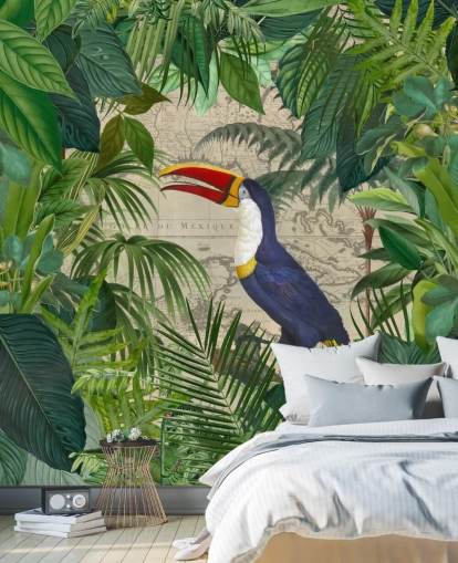 Toucan inramade med tropiska blad tapeter