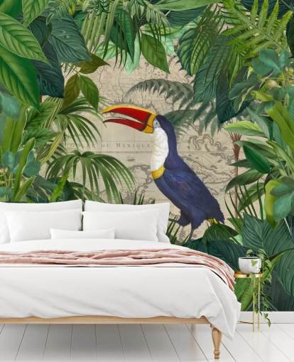 toucan framed with tropical leaves wallpaper