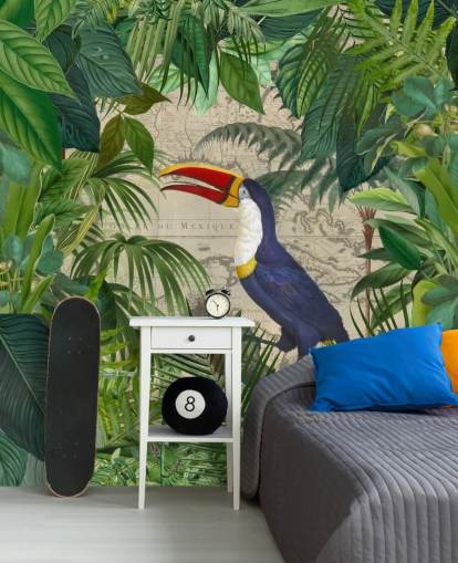 papel pintado tucán enmarcado con hojas tropicales