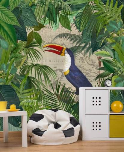 papel pintado tucán enmarcado con hojas tropicales papel pintado tucán enmarcado con hojas tropicales