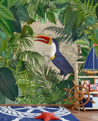 toucan framed with tropical leaves wallpaper