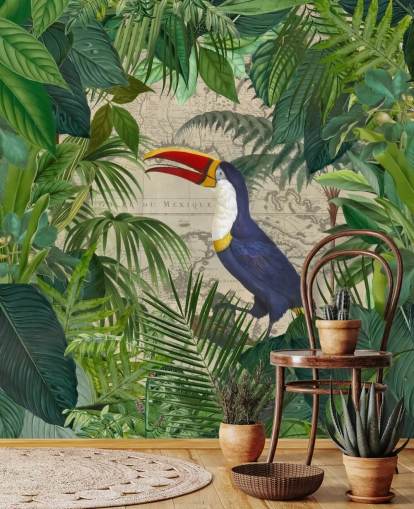 Toucan innrammet med tropiske blader tapet