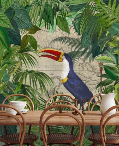 Toucan inramade med tropiska blad tapeter