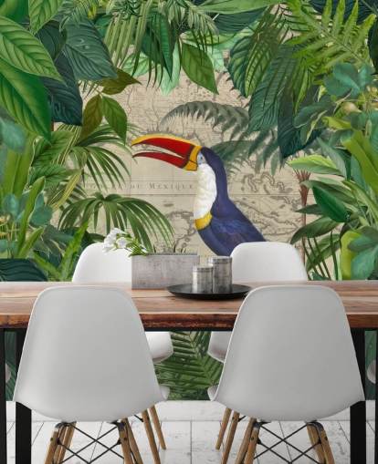 tucano emoldurado com folhas tropicais wallpaper