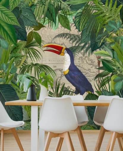 toucan framed with tropical leaves wallpaper