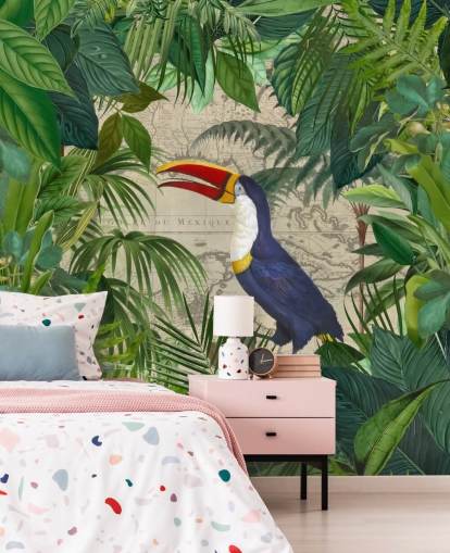 toucan framed with tropical leaves wallpaper