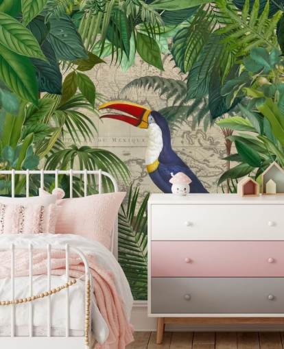 Toucan innrammet med tropiske blader tapet