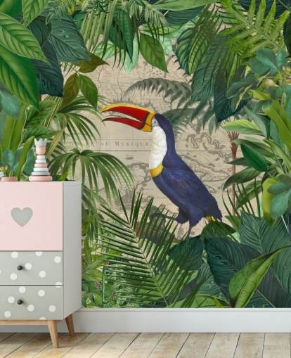 toucan framed with tropical leaves wallpaper