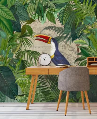 papel pintado tucán enmarcado con hojas tropicales