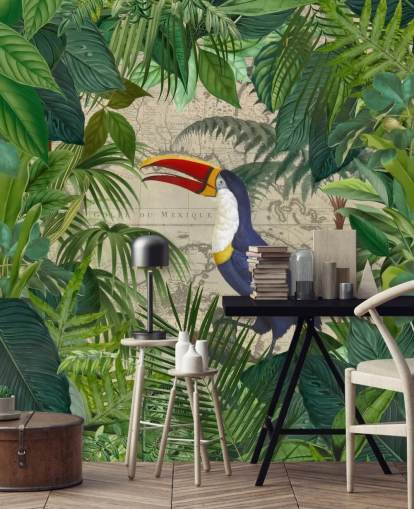 papel pintado tucán enmarcado con hojas tropicales