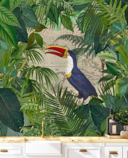 papier peint toucan encadré de feuilles tropicales