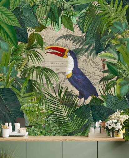 papier peint toucan encadré de feuilles tropicales