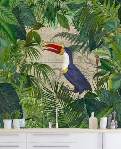 papel pintado tucán enmarcado con hojas tropicales