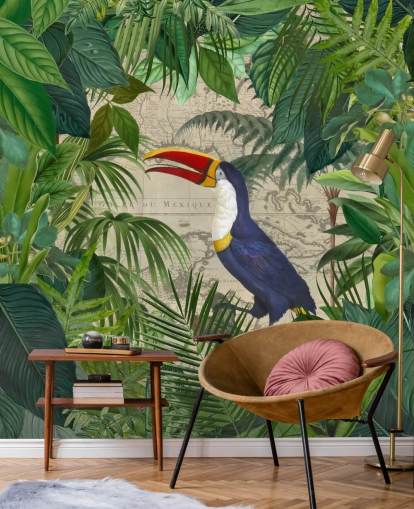 papel pintado tucán enmarcado con hojas tropicales