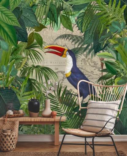 papier peint toucan encadré de feuilles tropicales