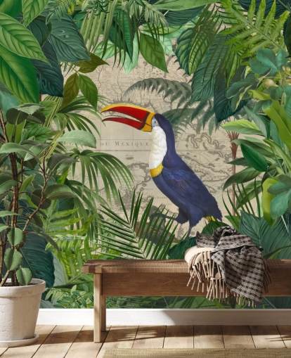 Toucan inramade med tropiska blad tapeter