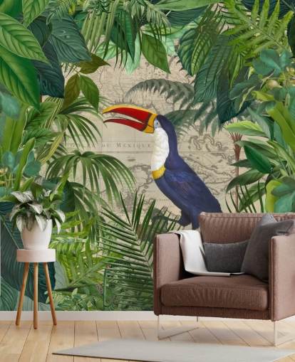 toucan framed with tropical leaves wallpaper