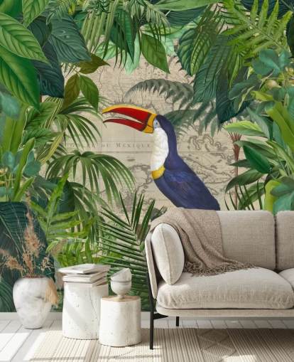 papel pintado tucán enmarcado con hojas tropicales