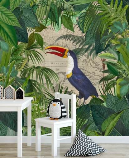 toucan framed with tropical leaves wallpaper
