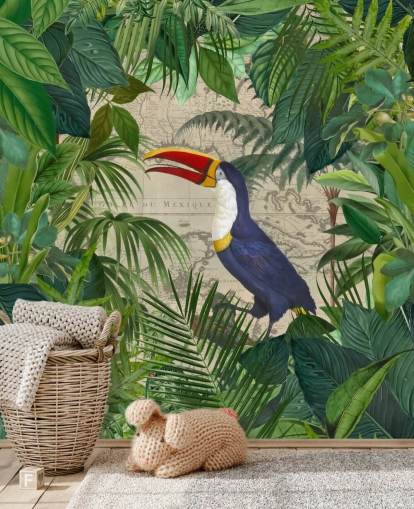 papel pintado tucán enmarcado con hojas tropicales