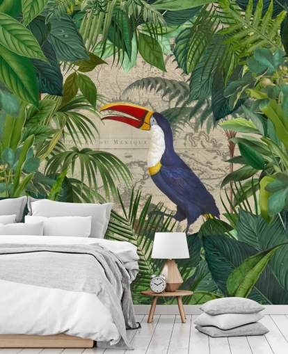 toucan framed with tropical leaves wallpaper