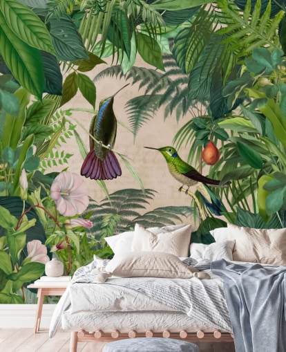 carta da parati colibrì tra le foglie