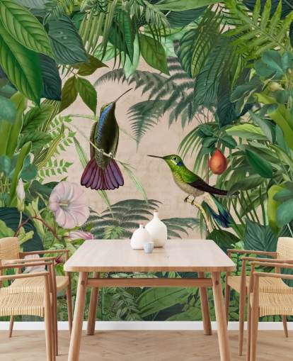 hummingbirds amongst leaves wallpaper