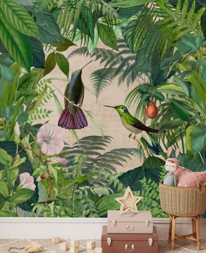 hummingbirds amongst leaves wallpaper