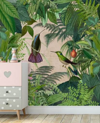 hummingbirds amongst leaves wallpaper