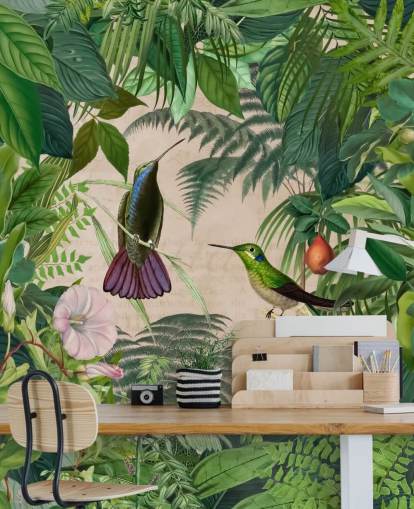 hummingbirds amongst leaves wallpaper