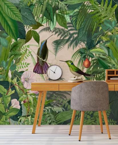 papier peint colibris parmi les feuilles