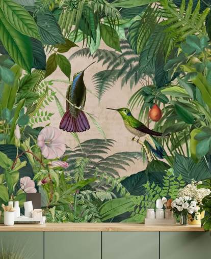 hummingbirds amongst leaves wallpaper