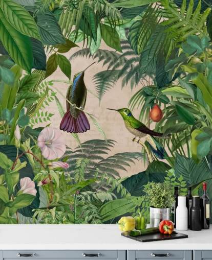 Fondo de pantalla de colibríes entre hojas Fondo de pantalla de colibríes entre hojas