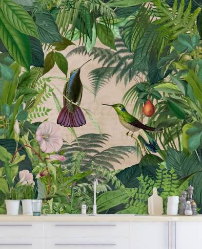 papier peint colibris parmi les feuilles