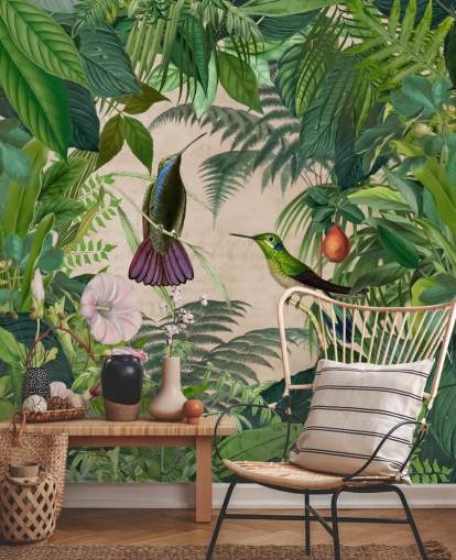 carta da parati colibrì tra le foglie