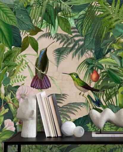 papier peint colibris parmi les feuilles