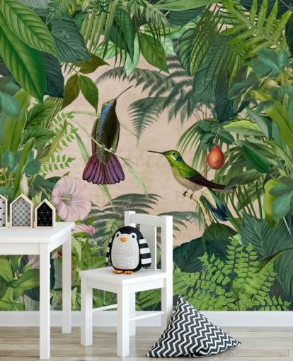 hummingbirds amongst leaves wallpaper