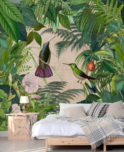 hummingbirds amongst leaves wallpaper