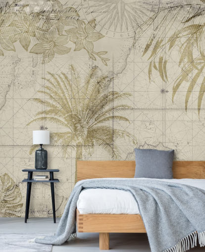 beige og naturlig tonet vintage kart og palmetre tapet