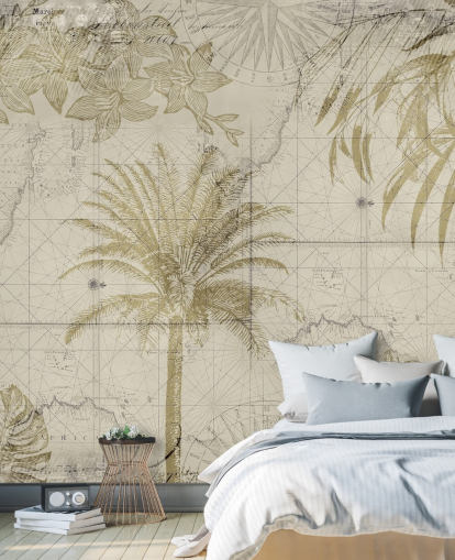beige and natural toned vintage map and palm tree wallpaper beige and natural toned vintage map and palm tree wallpaper
