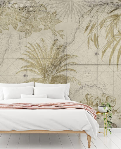 papel pintado vintage de mapa y palmera en tonos beige y naturales