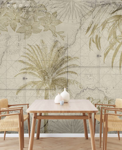 beige en natuurlijk getinte vintage kaart en palmboombehang beige en natuurlijk getinte vintage kaart en palmboombehang