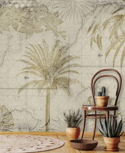 papel pintado vintage de mapa y palmera en tonos beige y naturales