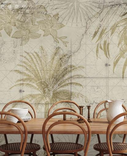 papel pintado vintage de mapa y palmera en tonos beige y naturales